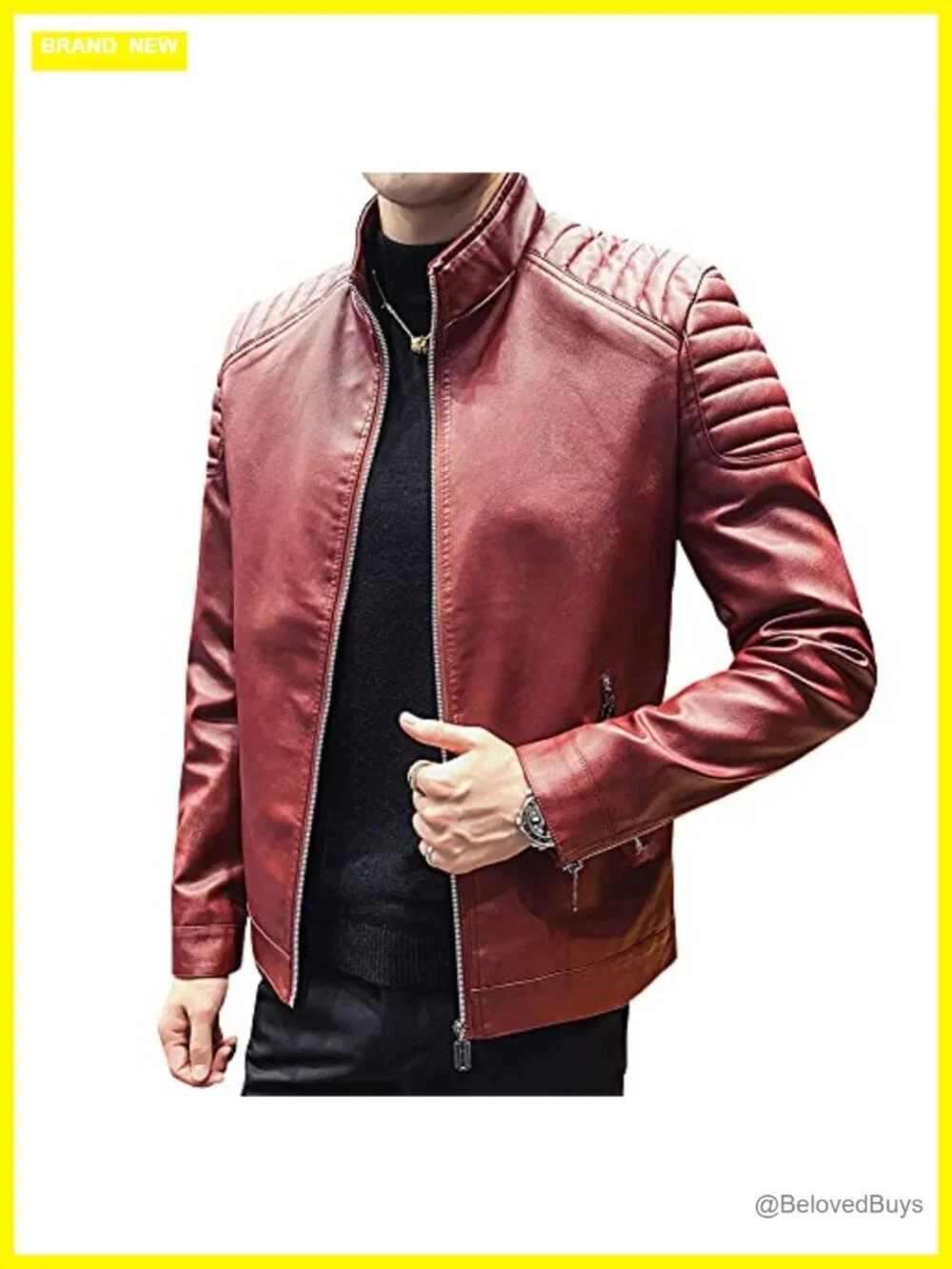 Faux Leather Motorcycle Jacket Slim Fit Stand Collar Biker